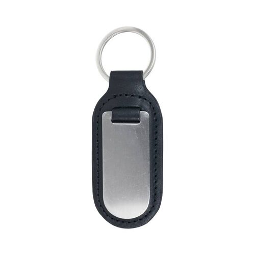 Leather Key Ring with Stainless Steel Plate Large Black