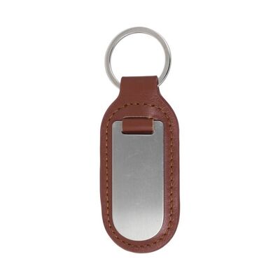Leather Key Ring with Stainless Steel Plate Large Brown