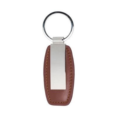 Leather Key Ring with Stainless Steel Plate Small Brown