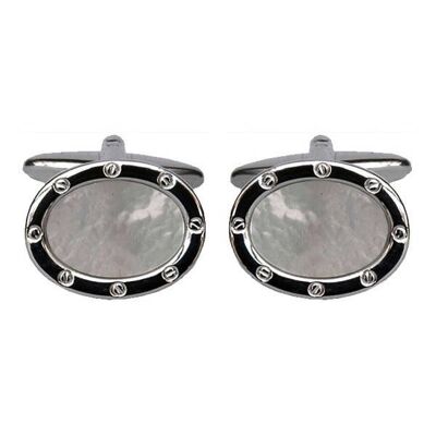 Mother of Pearl Oval Port Hole Rhodium Plated Cufflinks
