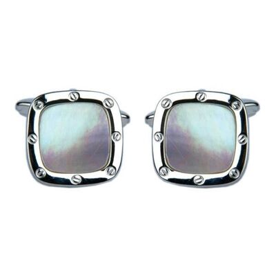 Mother of Pearl Port Hole Rhodium Plate Cushion Cufflinks