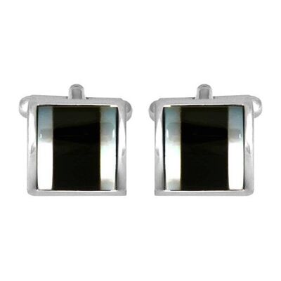 Onyx & Mother of Pearl Bands Curved Rhodium Plated Cufflinks