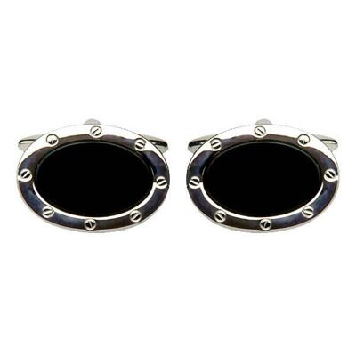 Onyx Oval Port Hole Rhodium Plated Cufflinks