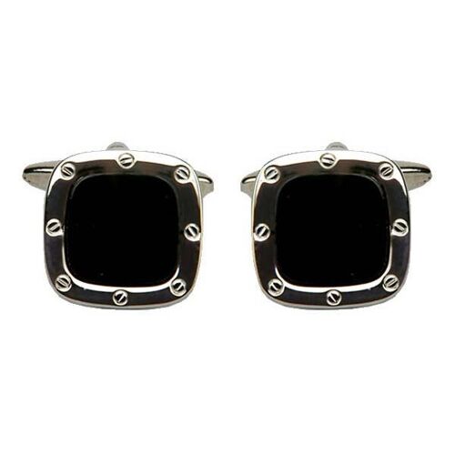 Onyx Port Hole Rhodium Cushion Cufflinks