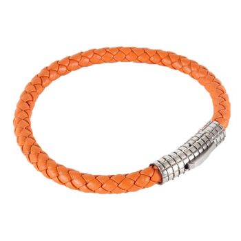 Bracelet en cuir orange avec fermoir en acier côtelé