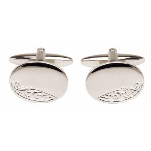 Oval Engraved Leaf Design Rhodium Plate Cufflinks