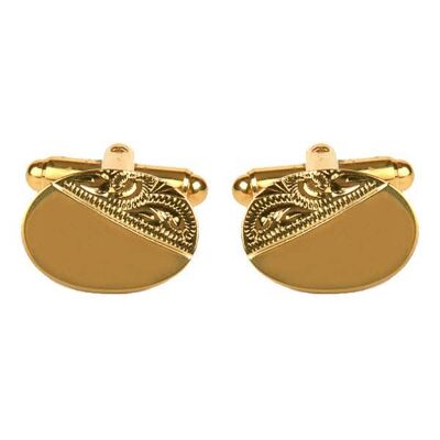 Oval Third Engraved Design Gold Plated Cufflinks