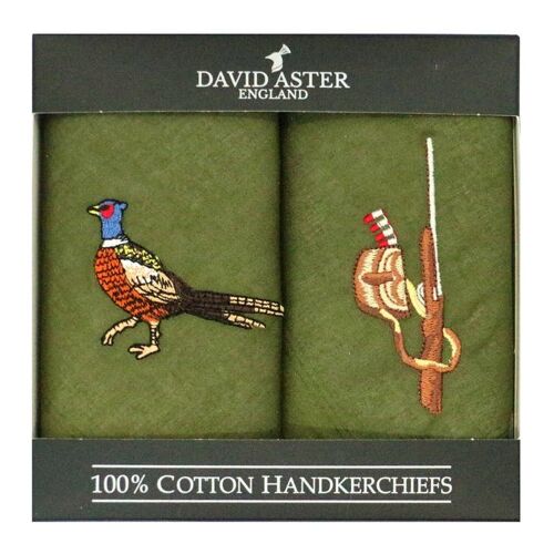 Pheasant & Gun Embroidered Green Cotton Handkerchief