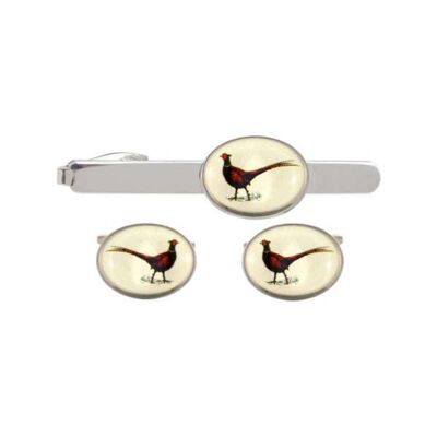 Pheasant Cufflink & Tie Clip Set Rhodium Plated
