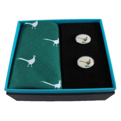 Pheasant Handkerchief & Cufflink Set (Colours May Vary)