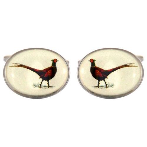 Pheasant Oval Rhodium Plated Cufflinks