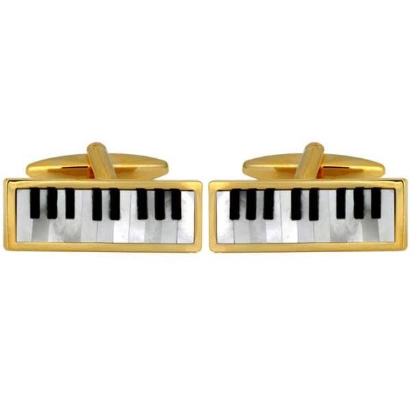 Gemelli con tastiera di pianoforte, madreperla e onice placcati in oro