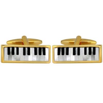 Gemelli con tastiera di pianoforte, madreperla e onice placcati in oro