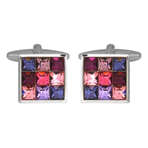 Pink Toned 9 Crystal - Set Square Rhodium Plated Cufflinks
