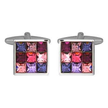 Boutons de manchette carrés plaqués rhodium avec 9 cristaux roses 1