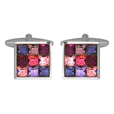 Pink Toned 9 Crystal - Set Square Rhodium Plated Cufflinks