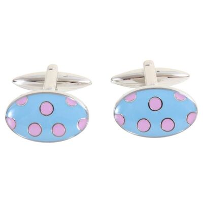 Pinks Spots On Blue Enamel Oval Cufflinks