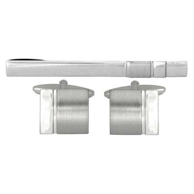 Plain Shiny & Brushed Rhodium Rectangle Cufflink & Tie Set