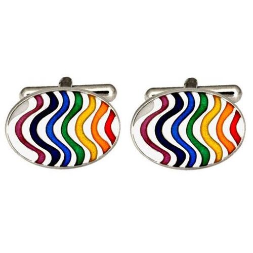 Rainbow Wave Oval Enamel & Rhodium Plated Cufflinks