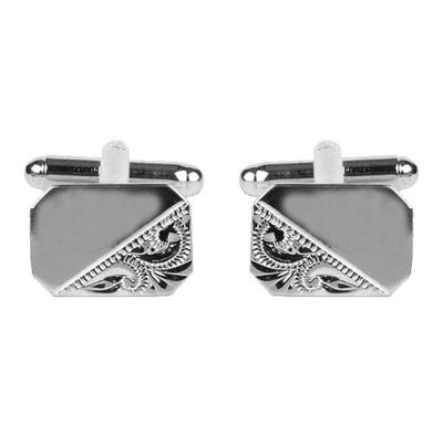 Rectangle Cut Corners Engraved Design Rhodium Plate Cufflink