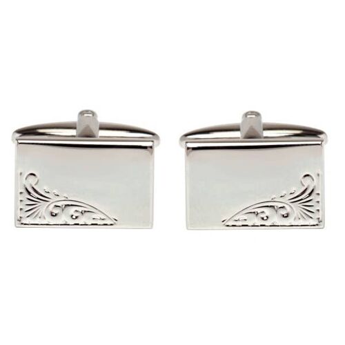 Rectangular Engraved Leaf Design Rhodium Plate Cufflinks