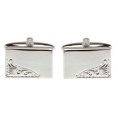 Rectangular Engraved Leaf Design Rhodium Plate Cufflinks