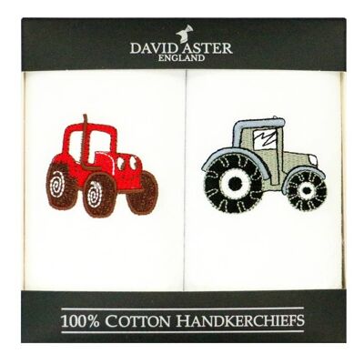 Rote und graue Traktoren-Taschentuch-Set aus weißer Baumwolle