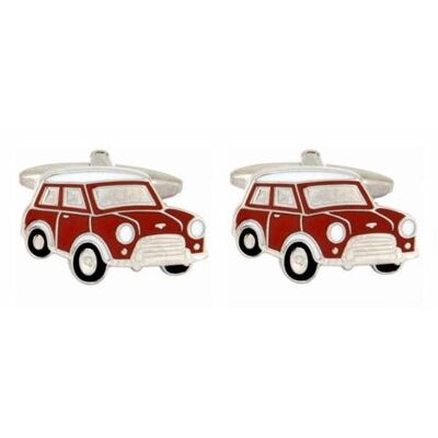 Red with White Trim Mini Car Enamel Rhodium Plated Cufflinks