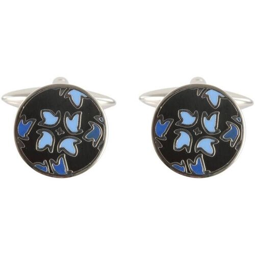 Round Black & Blue Floral Cufflinks