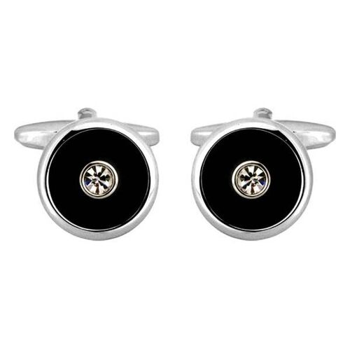 Round Black with Centre Crystal Rhodium Plated Cufflinks