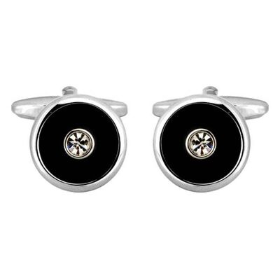 Boutons de manchette ronds noirs avec centre en cristal plaqué rhodium