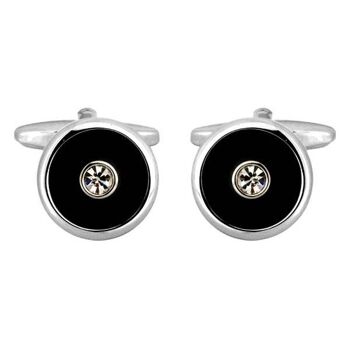 Boutons de manchette ronds noirs avec centre en cristal plaqué rhodium 1