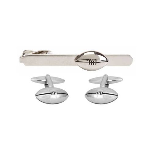 Rugby Ball Cufflink & Tie Slide Set Rhodium Plated