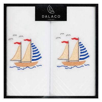 Sail Boat Embroidered White Cotton Handkerchief