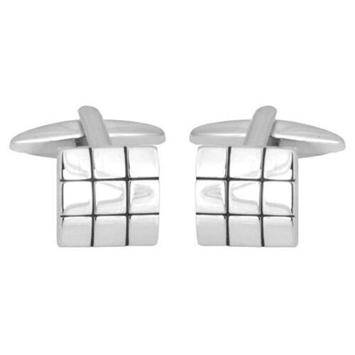 Shiny Square with Black Lines Rhodium Plated Cufflinks