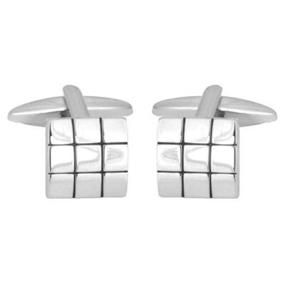 Shiny Square with Black Lines Rhodium Plated Cufflinks