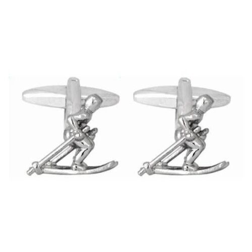 Skier Cufflinks in rhodium plate.