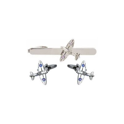 Spitfire Rhodium Plated Cufflink & Tie Slide Set