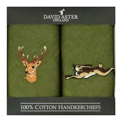 Stag & Hare Embroidered Green Cotton Handkerchief Set