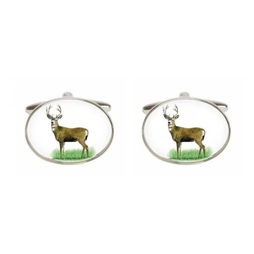 Stag Image Oval Rhodium Plated Cufflinks