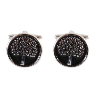 Tree Cufflinks - Black Enamel Disc with SilverColoured Image