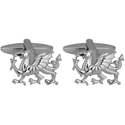 Welsh Dragon Cut-Out Design Rhodium Plated Cufflinks