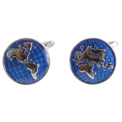 World Map Cufflinks Blue & Rhodium