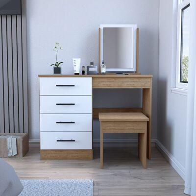 Roxx Makeup Dressing Table, Four Drawers, One Mirror, Stool, White and Pine Finish