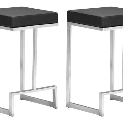 Set of Two Black Faux Leather and Stainless Geometric Backless Counter Stools