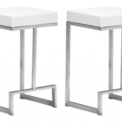 Set of Two White Faux Leather and Stainless Geometric Backless Counter Stools