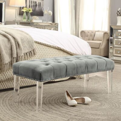 19" Grey Tufted Velvet and Acrylic Upholstered Bench