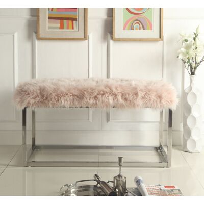 19" Pale Pink Faux Fur and Chrome Upholstered Bench