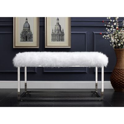 19" White Faux Fur and Chrome Upholstered Bench
