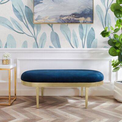 23" Navy Velvet and Gold Oval Upholstered Entryway Bench